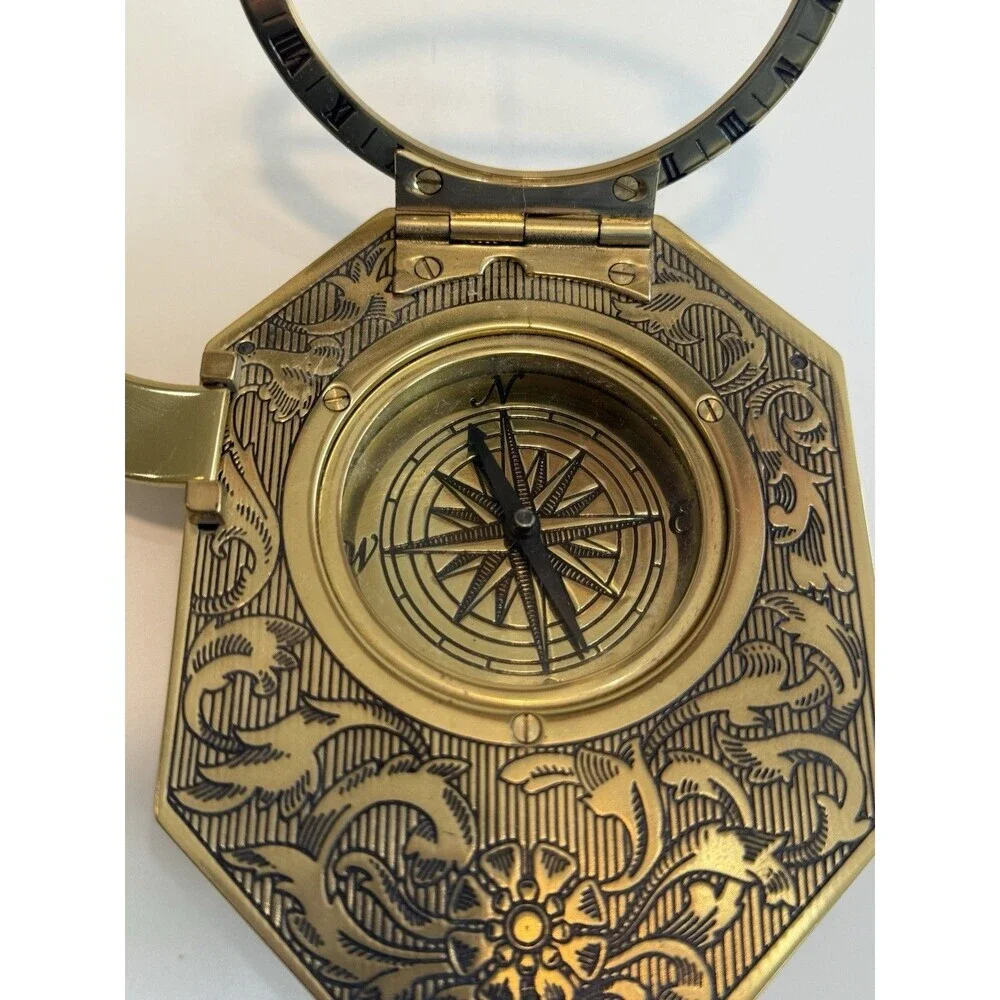 Vintage Franklin Mint Universal Sundial 1987 Brass Compass on Wood Base